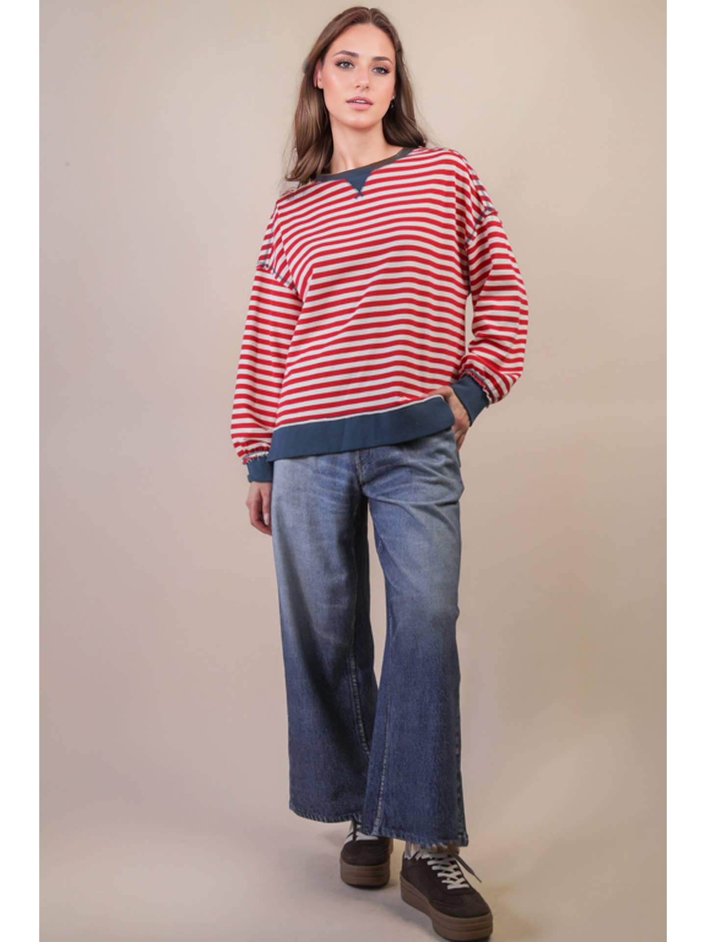 Red/Cream Stripe Comfy Casual Oversized Knit Top