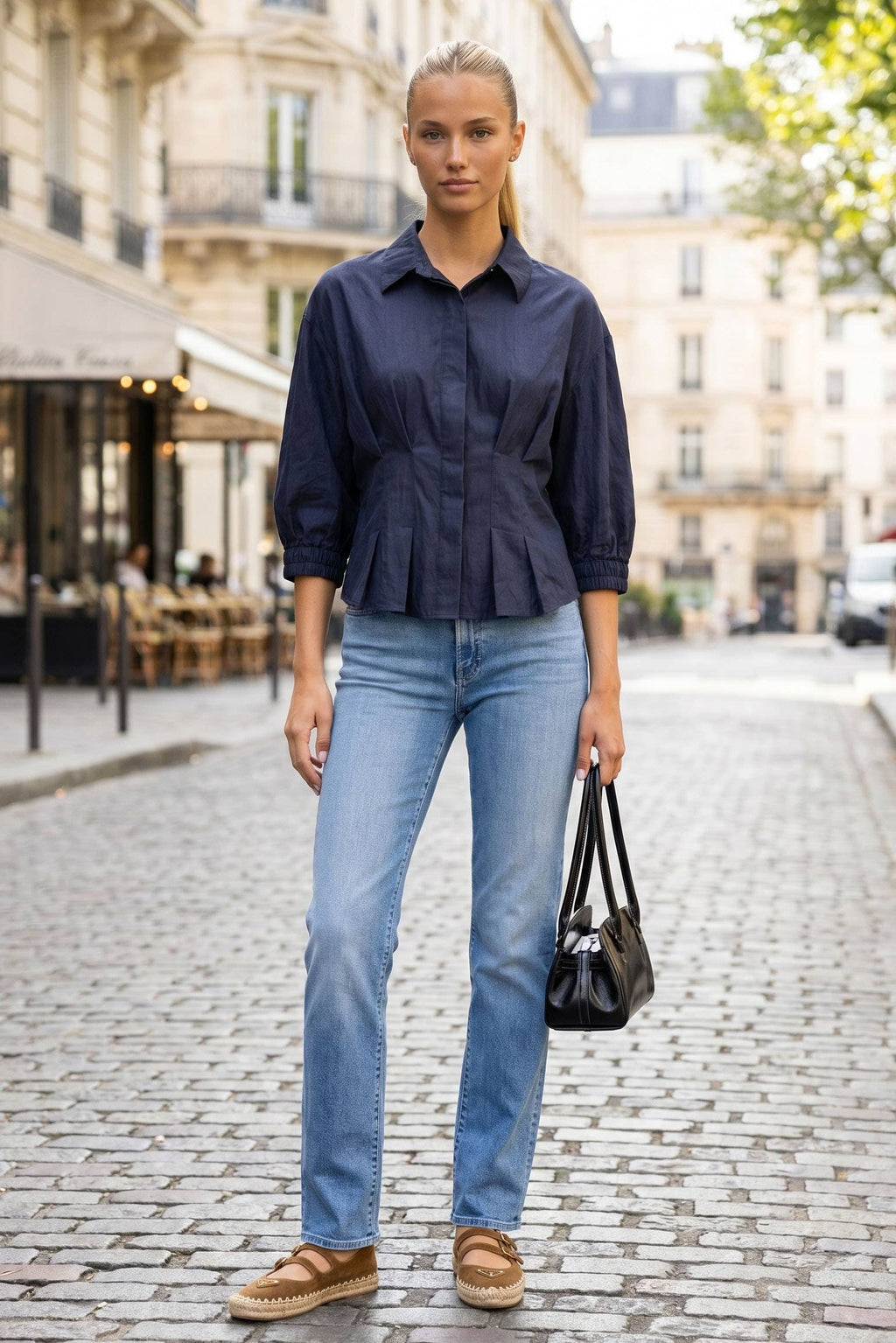 NAVY DART DETAIL 3/4 SLEEVE BUTTON DOWN BLOUSE