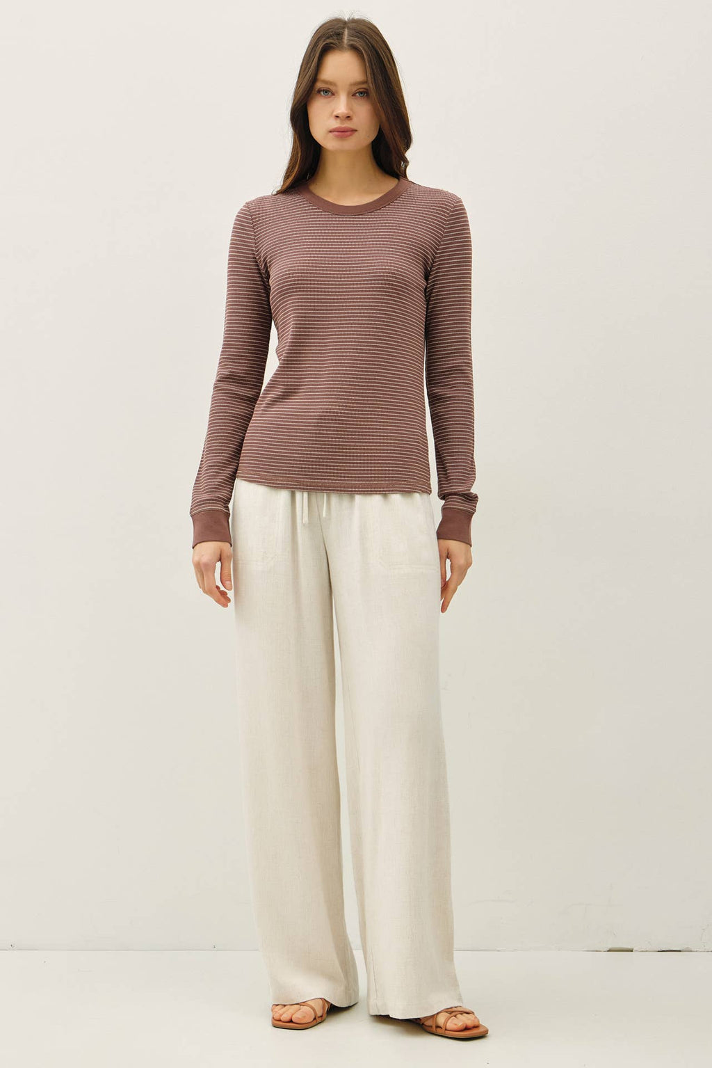 STITCHED THERMAL CREW NECK TOP: OATMEAL