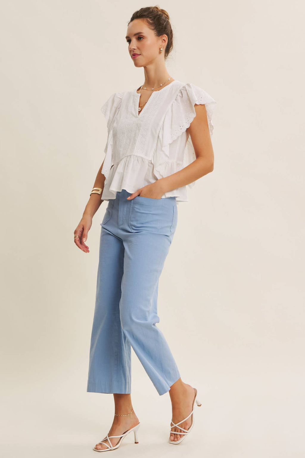 SEASONLESS STRETCHY COTTON LINEN ANKLE PANTS WITH POCKETS: BLUE