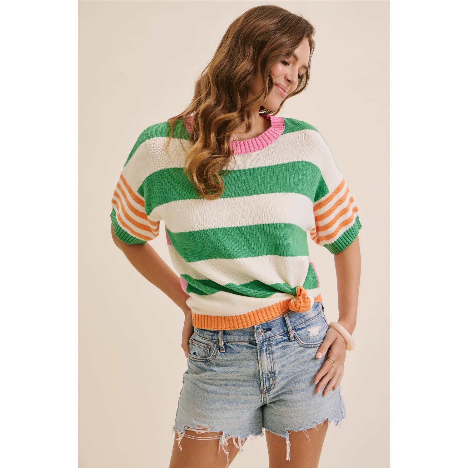 PLAYFUL SUMMER MULTI STRIPE COTTON SWEATER TOP: GREEN/ORANGE