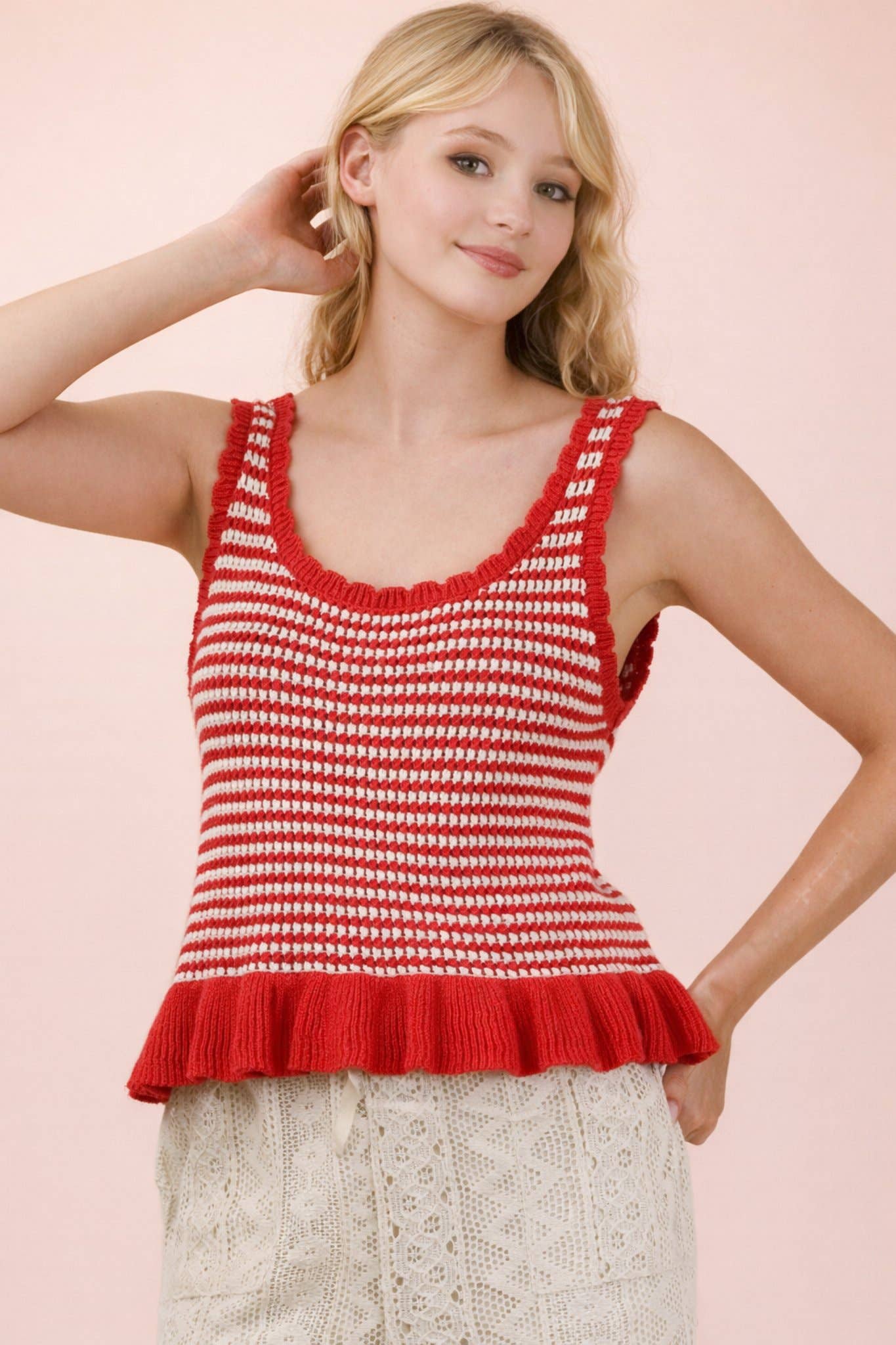 Red Ruffle Hem Stripe Sleeveless Knit Sweater Top