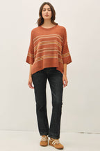 RUST OVER SIZED DROP SHOULDER STRIPED SWEATER