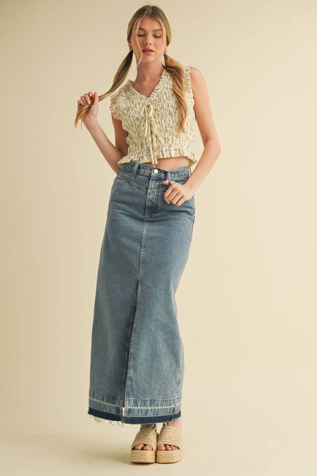 CANARY FLORAL SMOCKED RUFFLE TIE FRONT TOP
