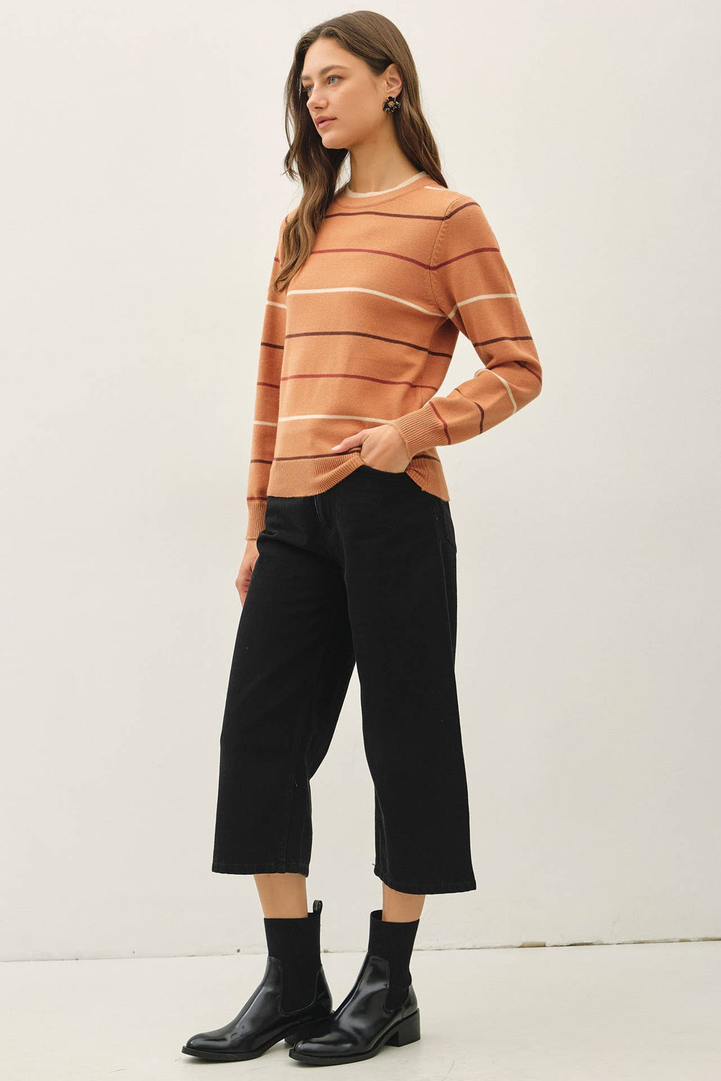 TERRACOTTA DOUBLE LAYERED LOOK  STRIPE SWEATER TOP
