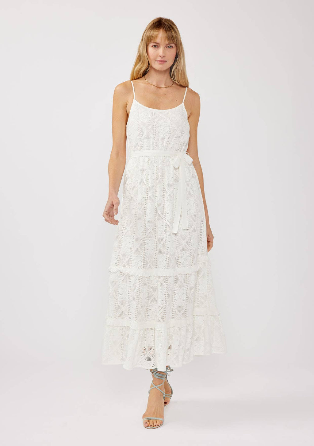 Spaghetti Strap Tiered Maxi Dress with Waist Tie: WhitE