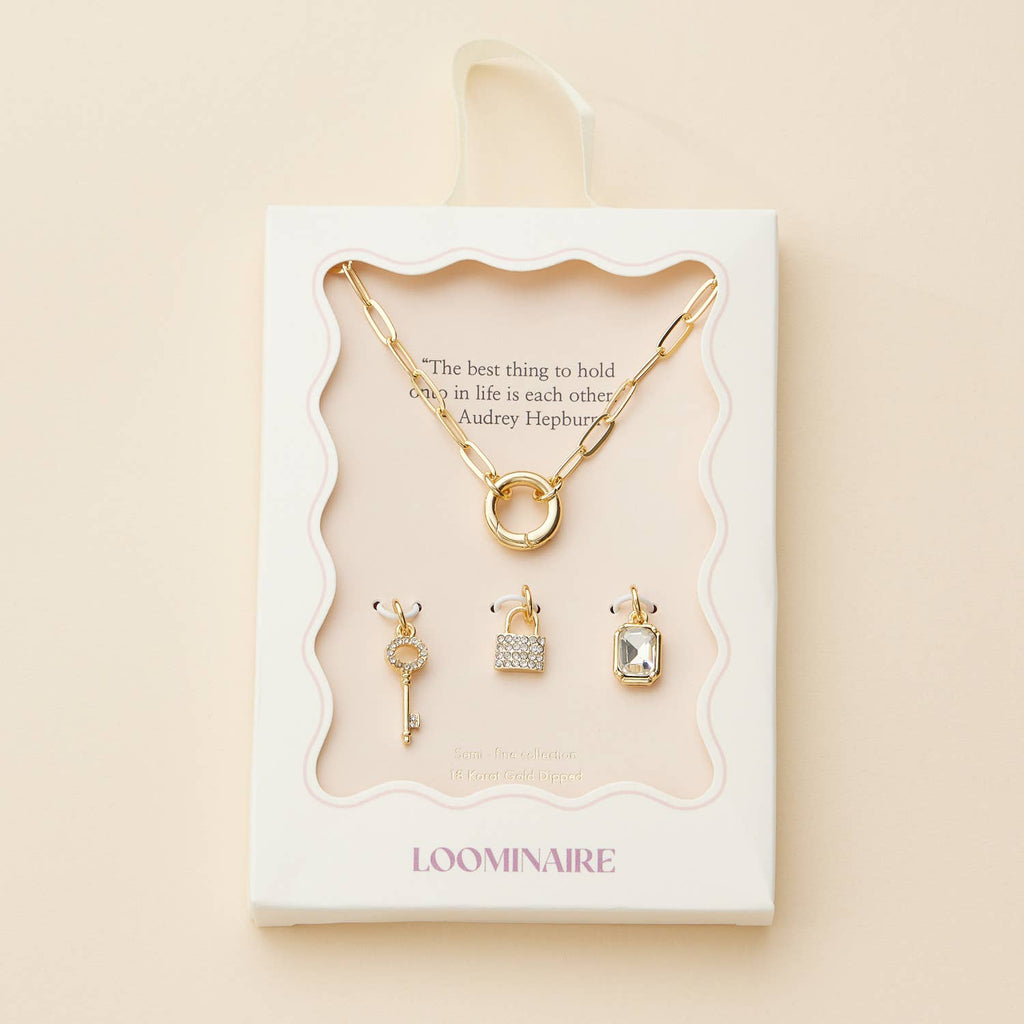 Gold Dipped Charm Necklace with Key and Gemstone Accents: Yellow Gold / One / 4DN18064