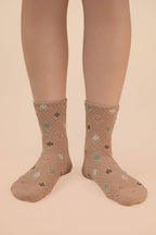 Floral Printed Textures Crew Socks: CREAM