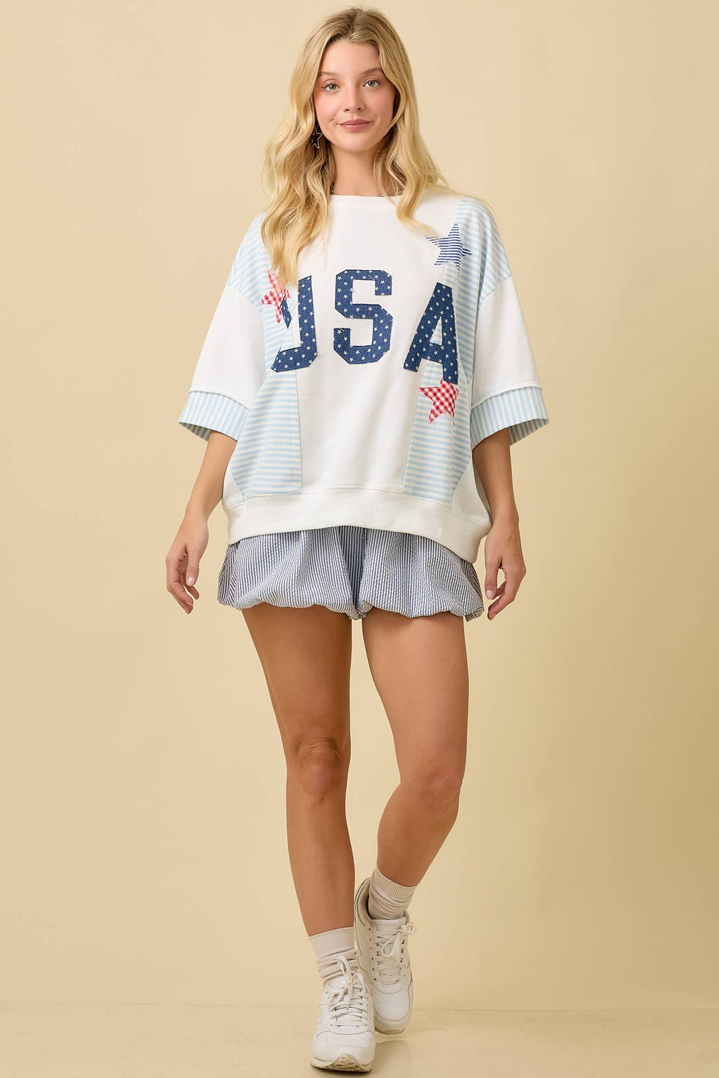 WHITE USA Star Patchwork Oversized Top