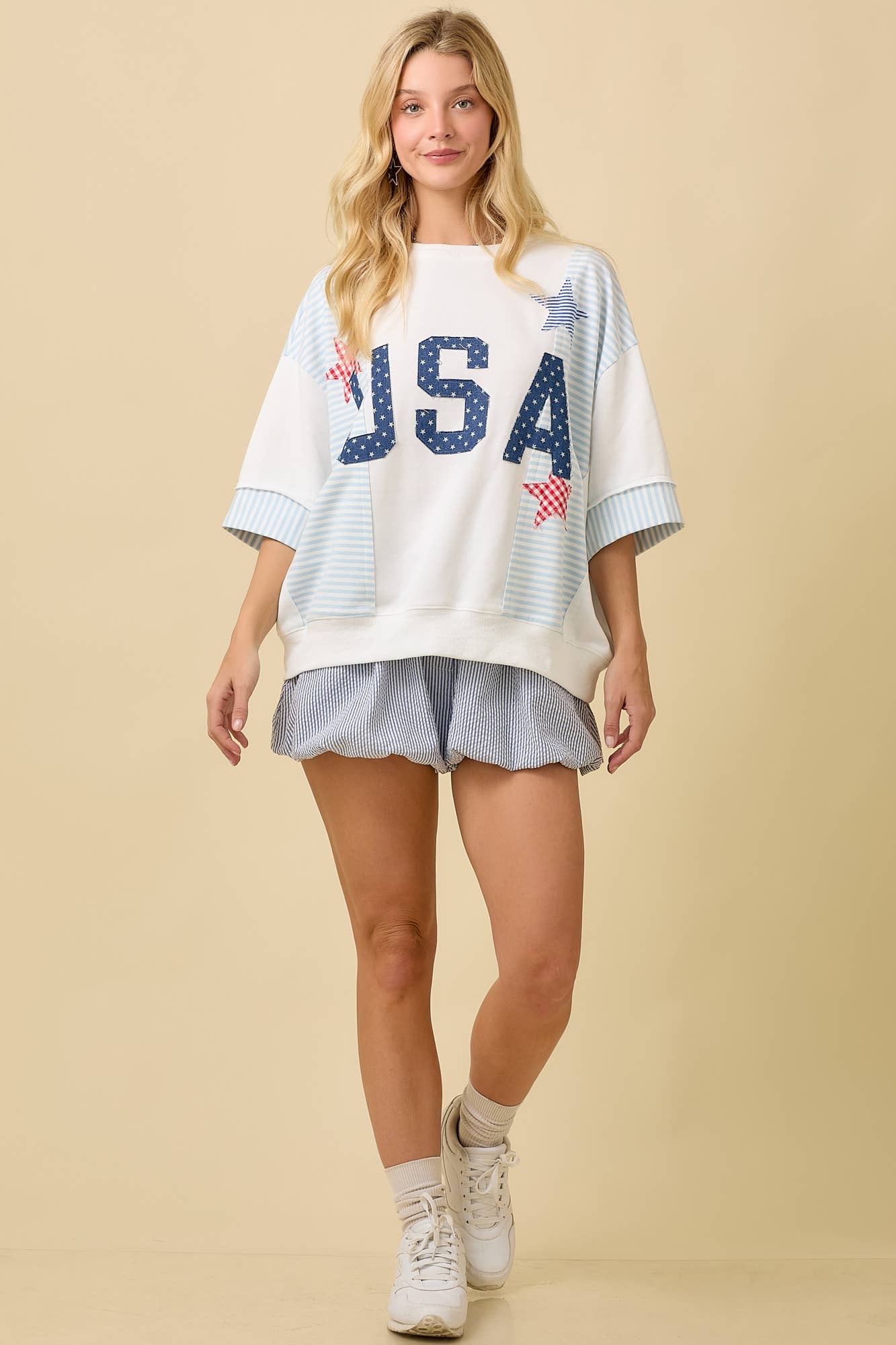WHITE USA Star Patchwork Oversized Top