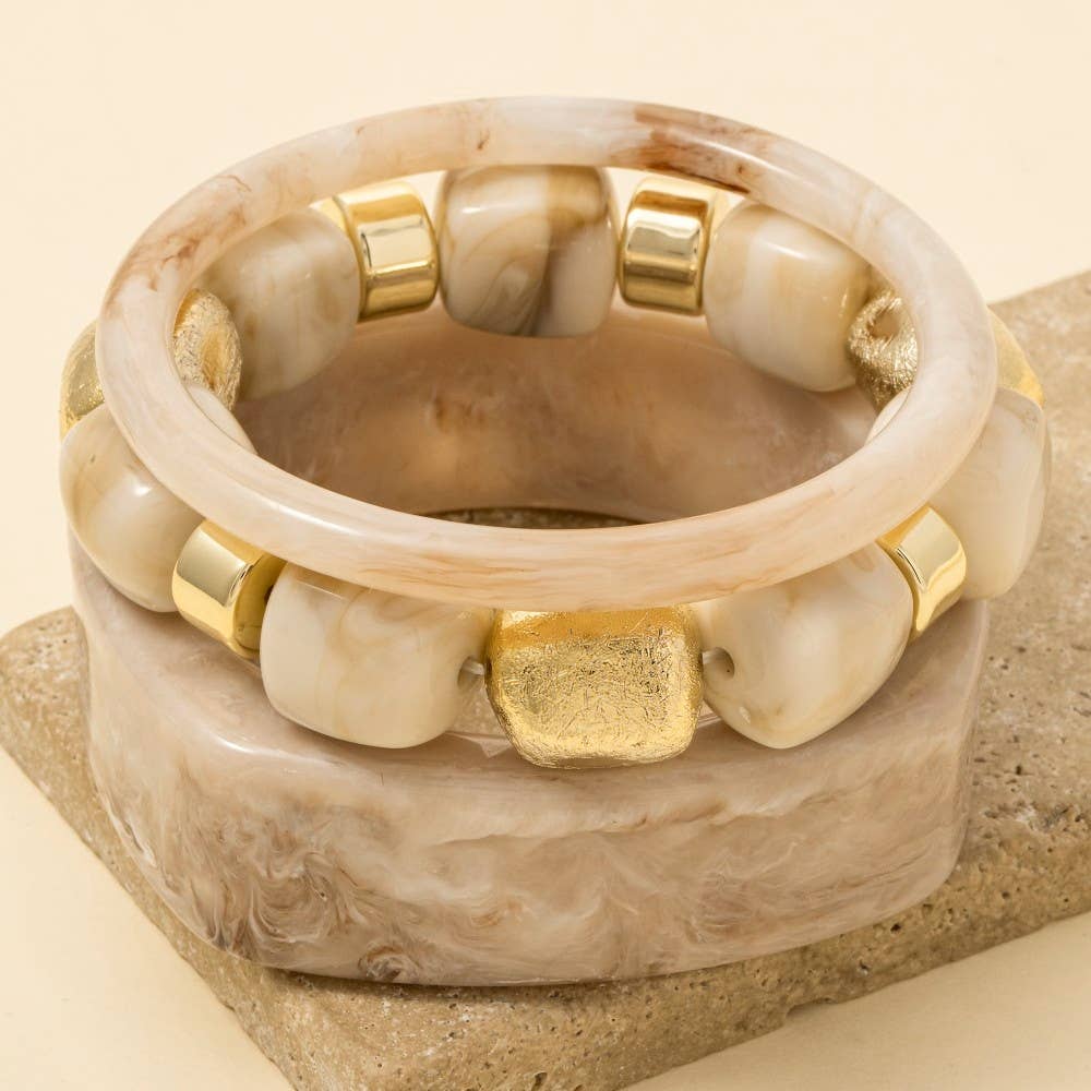 Mixed Square Resin Bangle And Beads Bracelet Set: KA