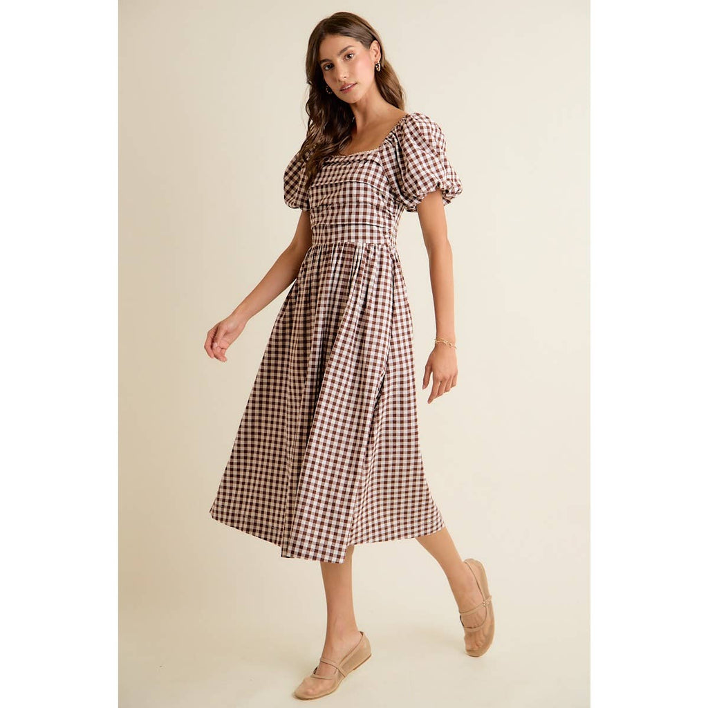 Brown GINGHAM LACE TRIM PUFF SLEEVES LINED MIDI DRESS