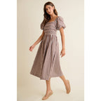 Brown GINGHAM LACE TRIM PUFF SLEEVES LINED MIDI DRESS