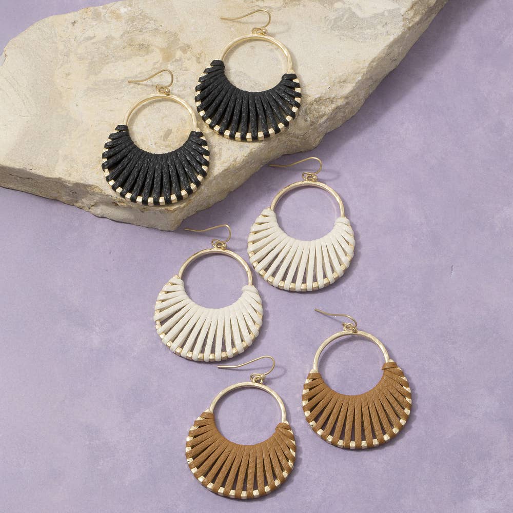 Vegan Leather Woven Fan Hoop Dangle Earrings: JET