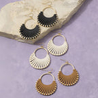 Vegan Leather Woven Fan Hoop Dangle Earrings: JET