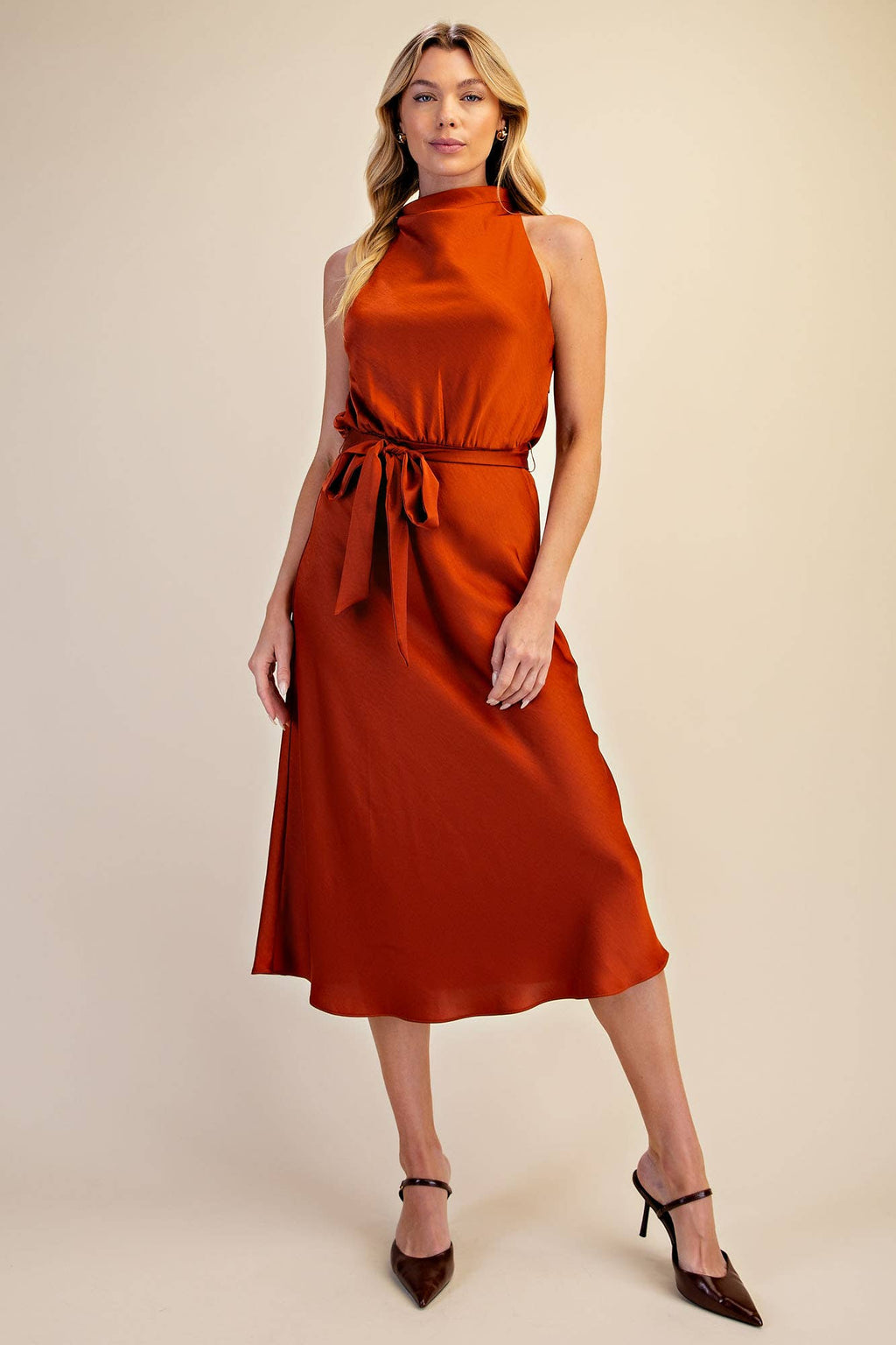 RUST Cowl Neck Sleeveless Waist Tie Midi Dress