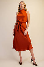 RUST Cowl Neck Sleeveless Waist Tie Midi Dress