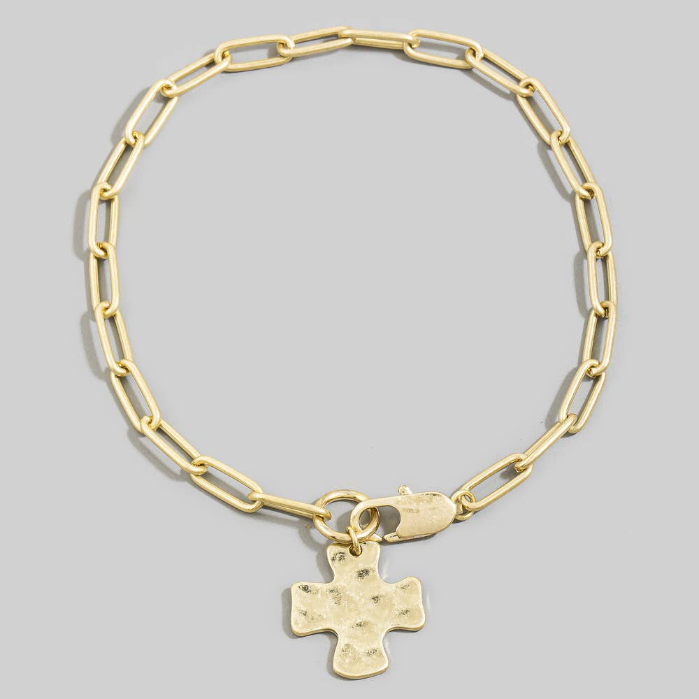 Hammered Square Cross Charm Paperclip Chain Bracelet: WG
