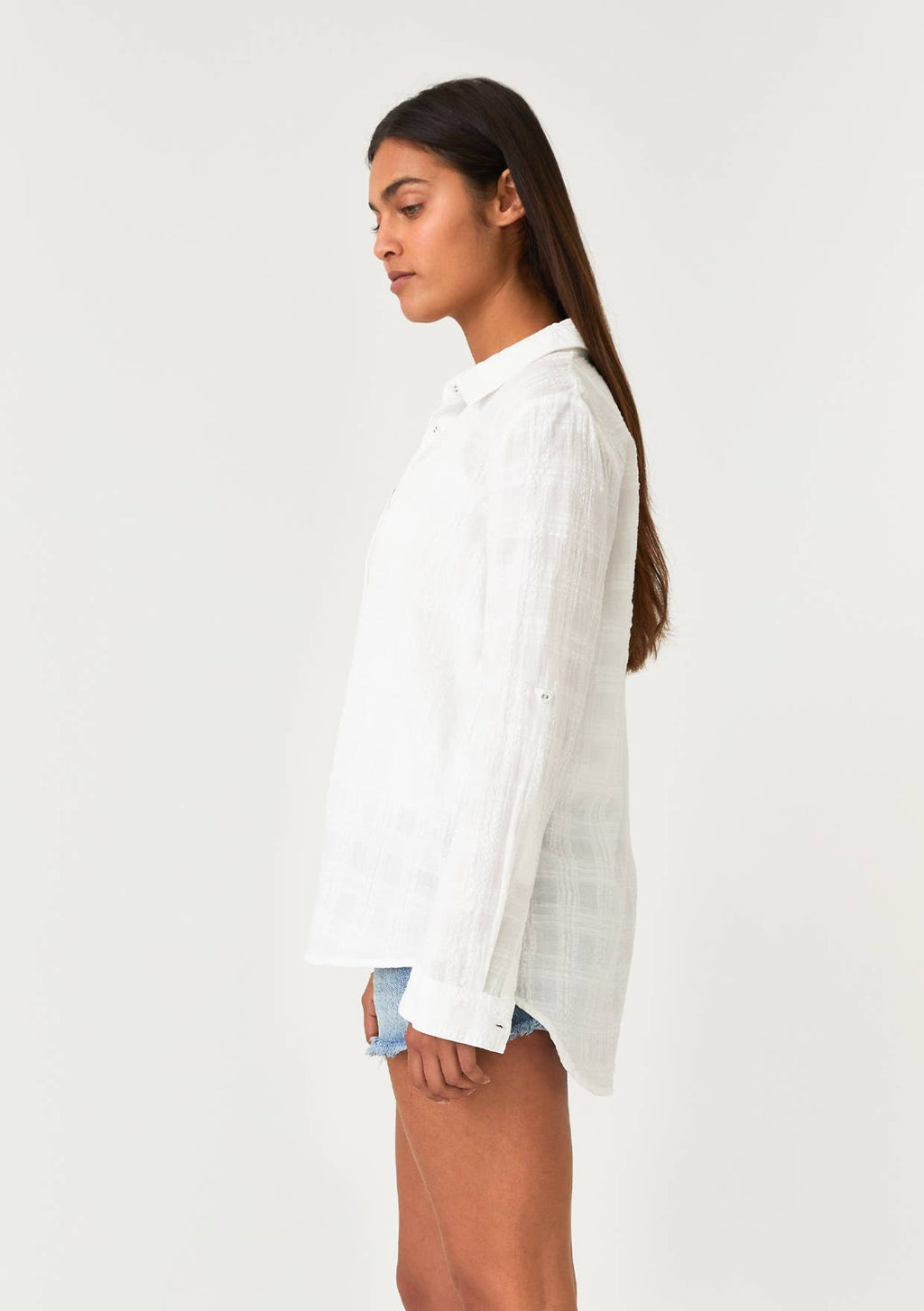 Puckered Long Sleeve Button Down Blouse: White