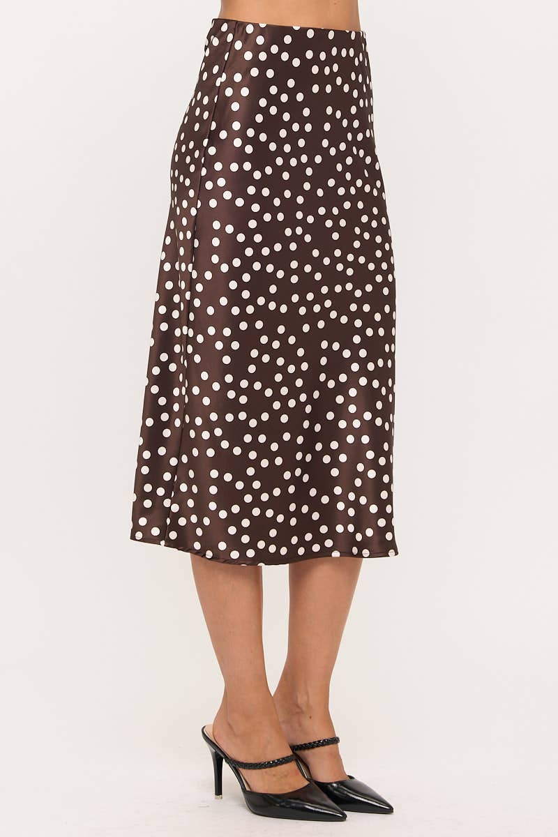BROWN Polka Dot Satin Midi Skirt