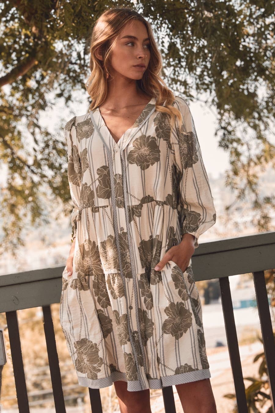 Plus SAGE Botanical Printed Pintuck Dress