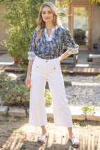 NAVY CONTRAST BAND FLORAL PRINTED COTTON JACQUARD  TOP