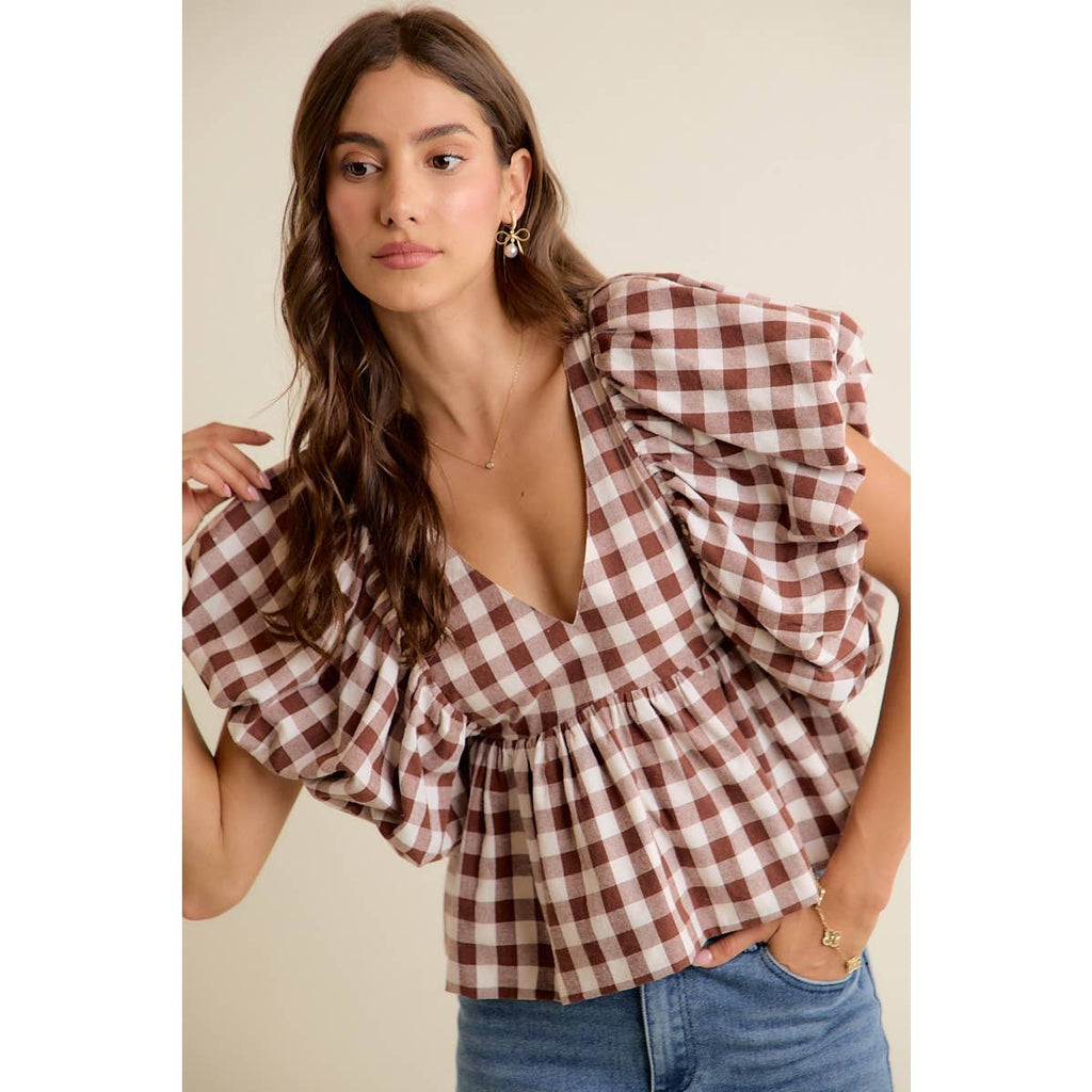 BROWN GINGHAM BUBBLE SLEEVES BACK SMOCKED BLOUSE TOP