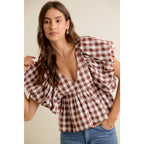BROWN GINGHAM BUBBLE SLEEVES BACK SMOCKED BLOUSE TOP