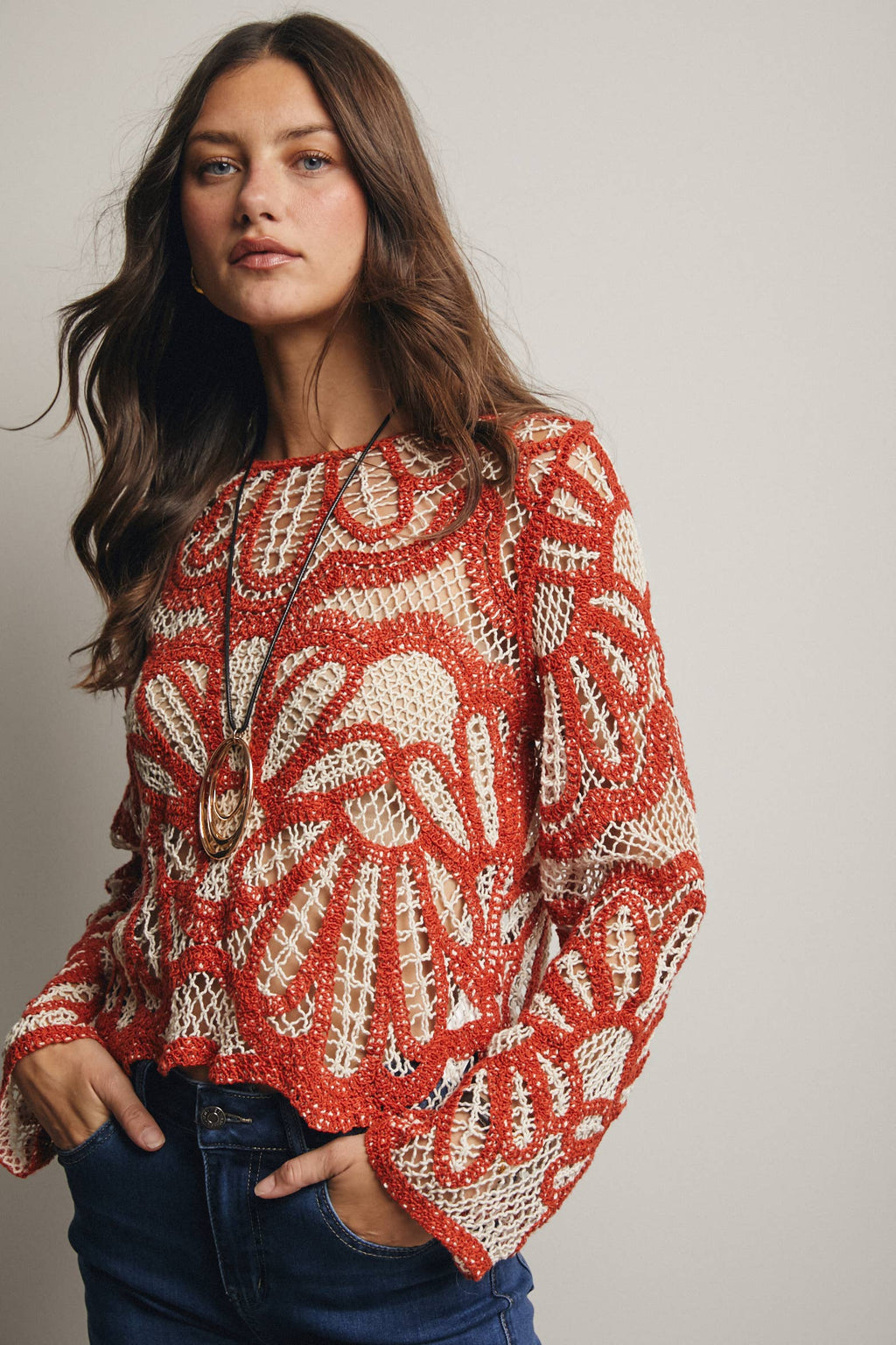 RUST Crochet Floral Pattern Sweater