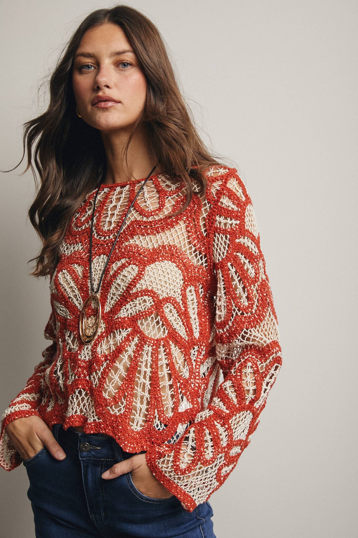 RUST Crochet Floral Pattern Sweater