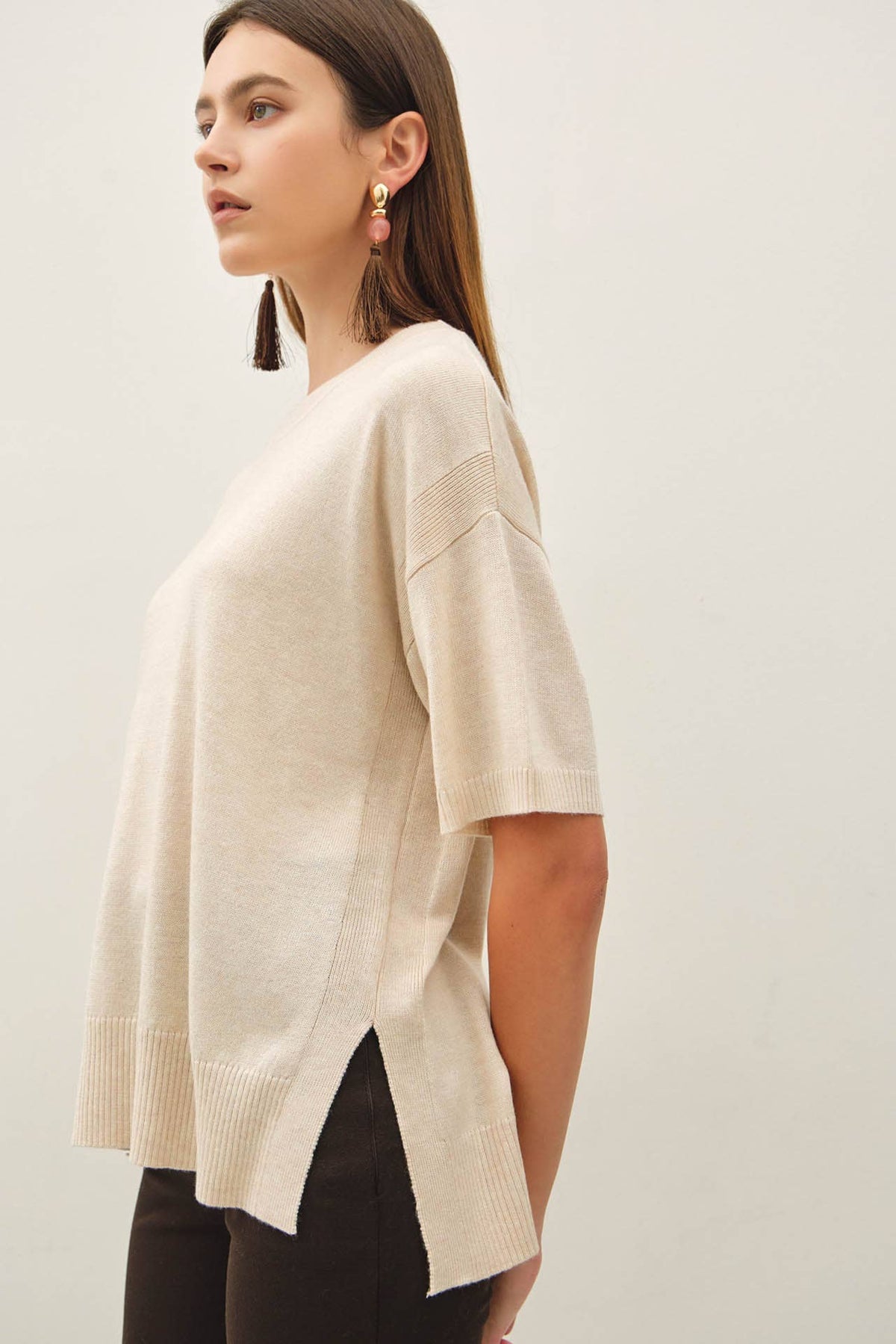 Oatmeal WOOL BLENED BOXY FIT SHORT SLEEVE SWEATER TOP