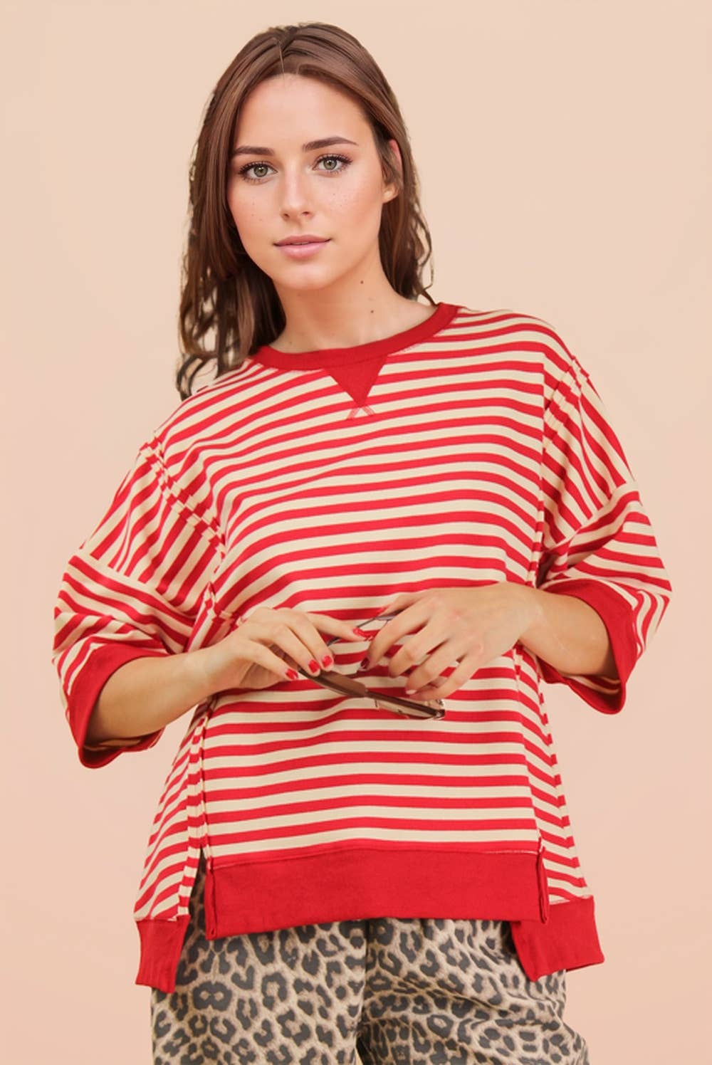 RED/CREAM Oversized Stripe Casual Knit Top
