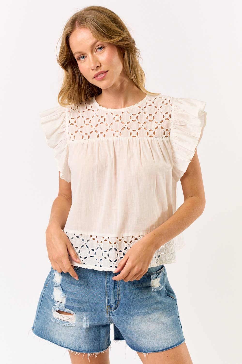 Off White Embroidered Top With Ruffled Sleeves