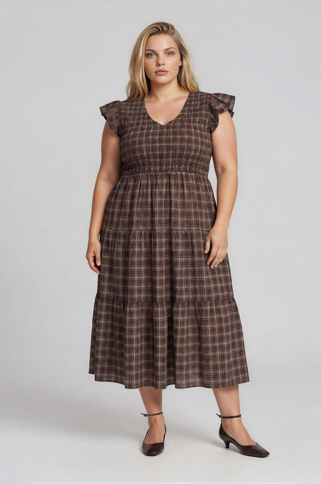 BROWN PLUS PLAID V NECK SMOCKED TIERED MIDI DRESS
