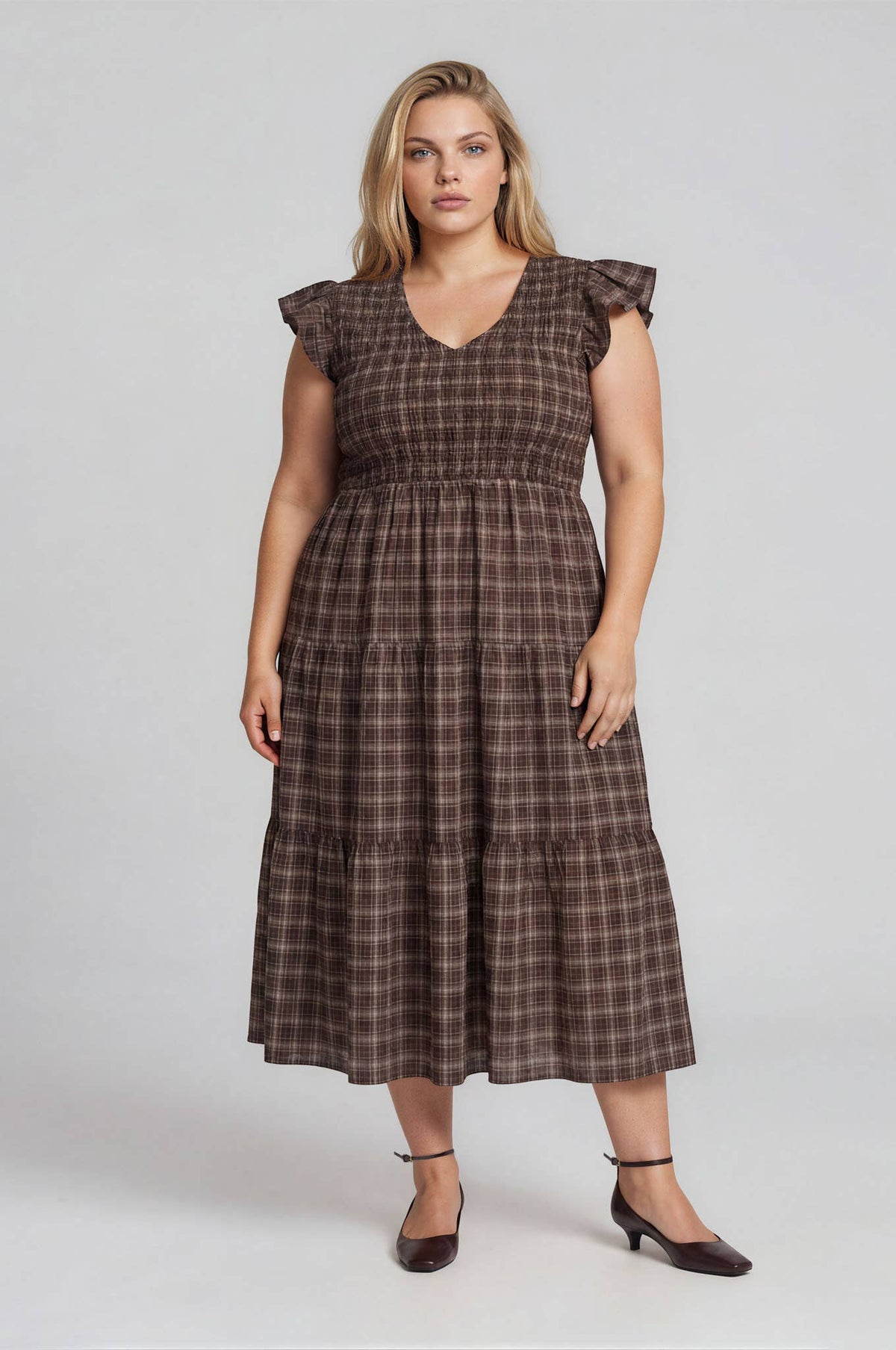 BROWN PLUS PLAID V NECK SMOCKED TIERED MIDI DRESS