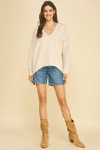 OATMEAL V-NECK EXPOSED SEAM SWEATER