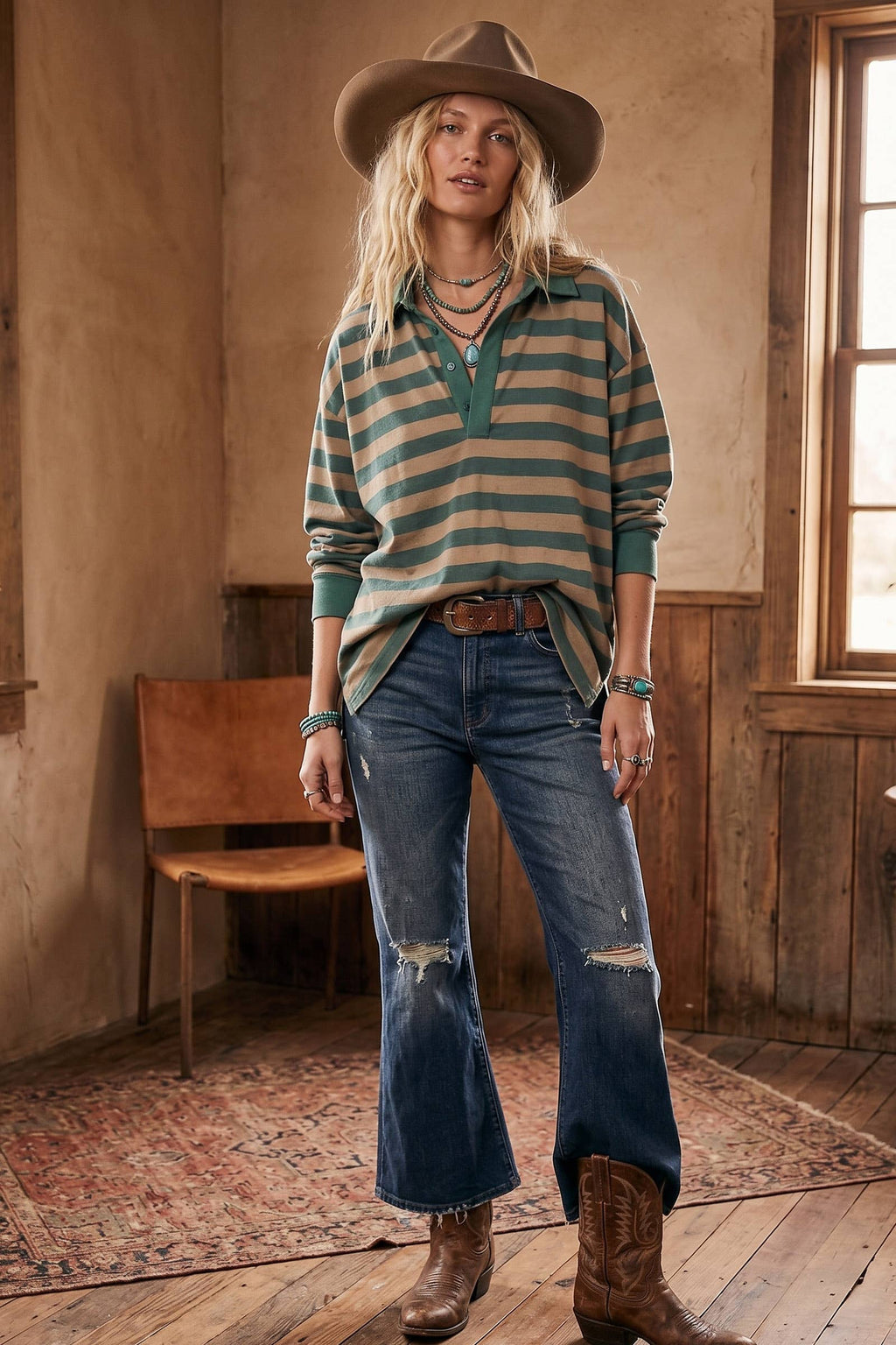 TAUPE/DUSTY TEAL Oversized Stripe Rugby Polo Top