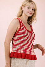 Red Ruffle Hem Stripe Sleeveless Knit Sweater Top