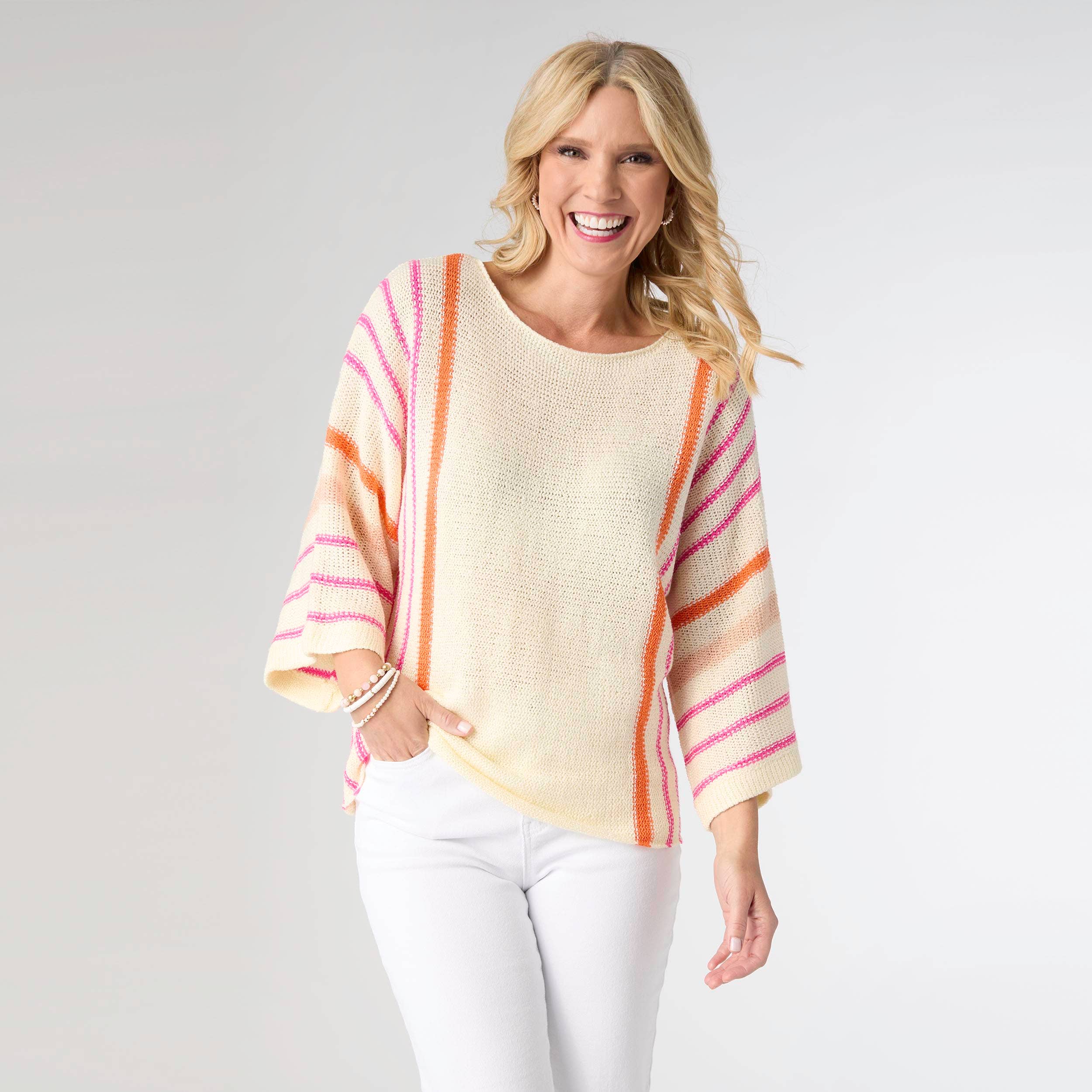 Gretchen Relaxed 3/4 Sleeve Striped Sweater: Natural
