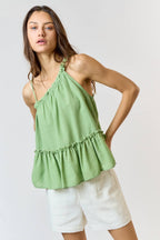 Green One Shoulder Ruffled Babydoll Tank Top