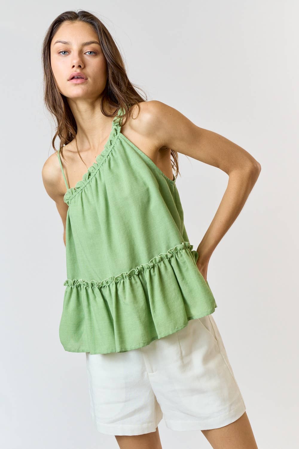 Green One Shoulder Ruffled Babydoll Tank Top