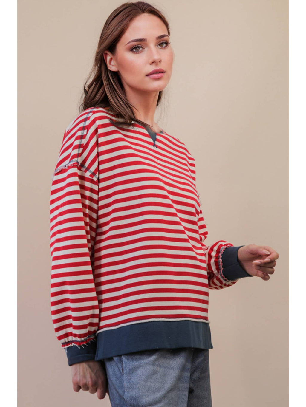 Red/Cream Stripe Comfy Casual Oversized Knit Top