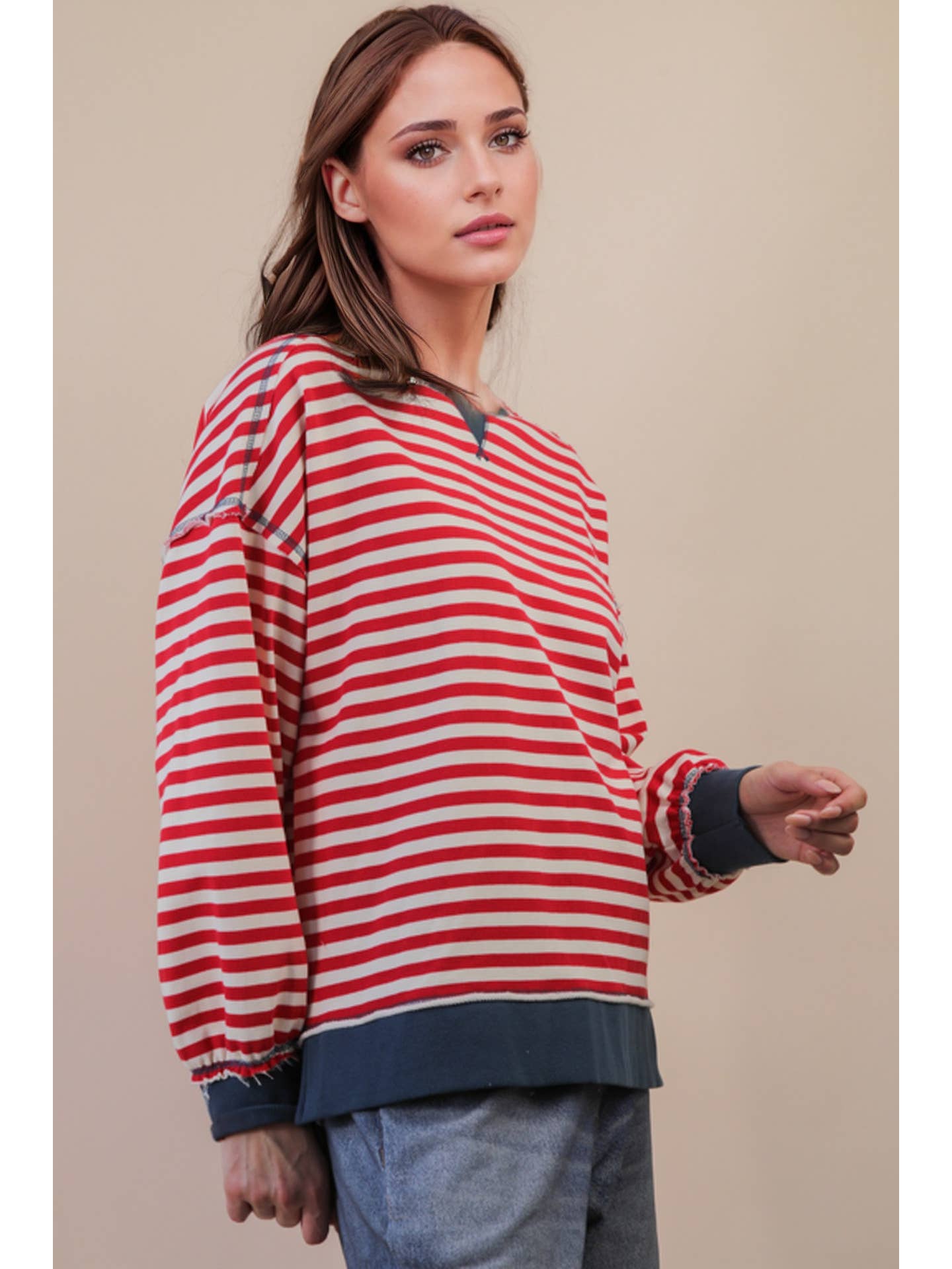 Red/Cream Stripe Comfy Casual Oversized Knit Top