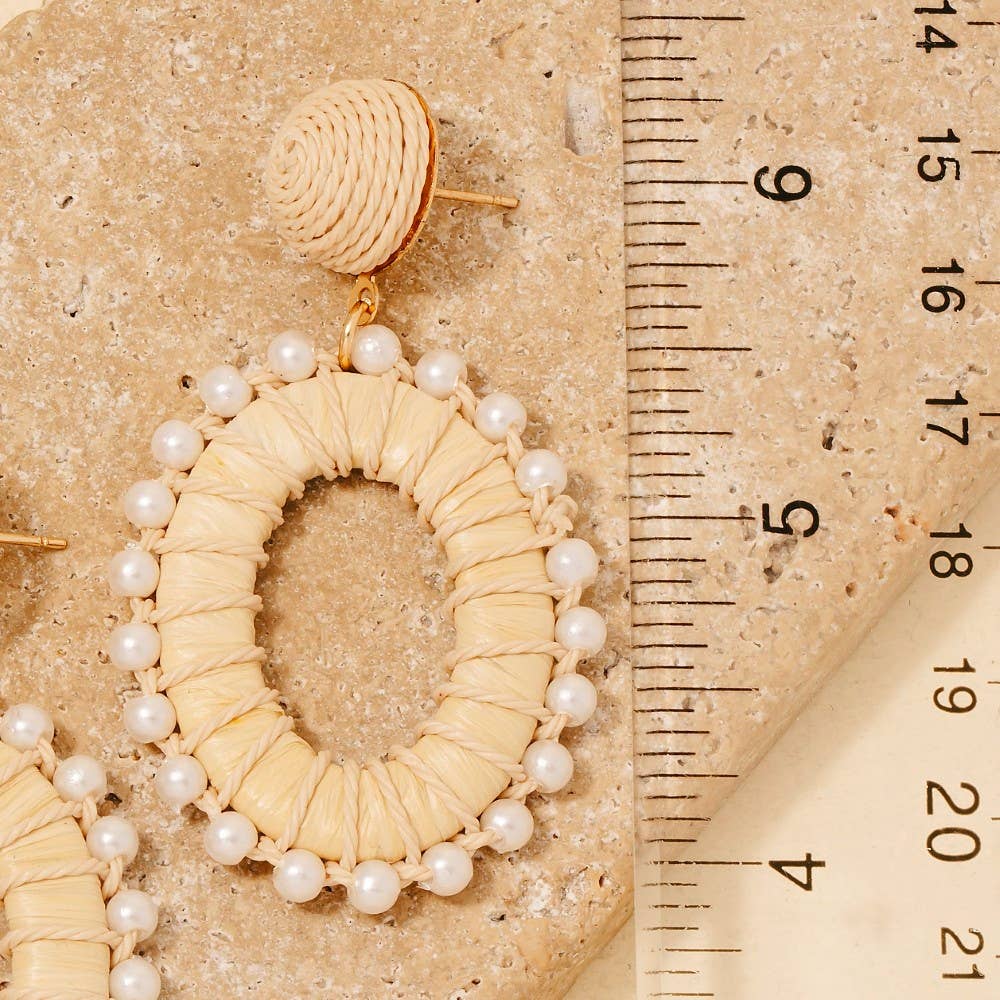 Pearl Beads Rattan Wrap Oval Hoop Dangle Earrings: MIVG4