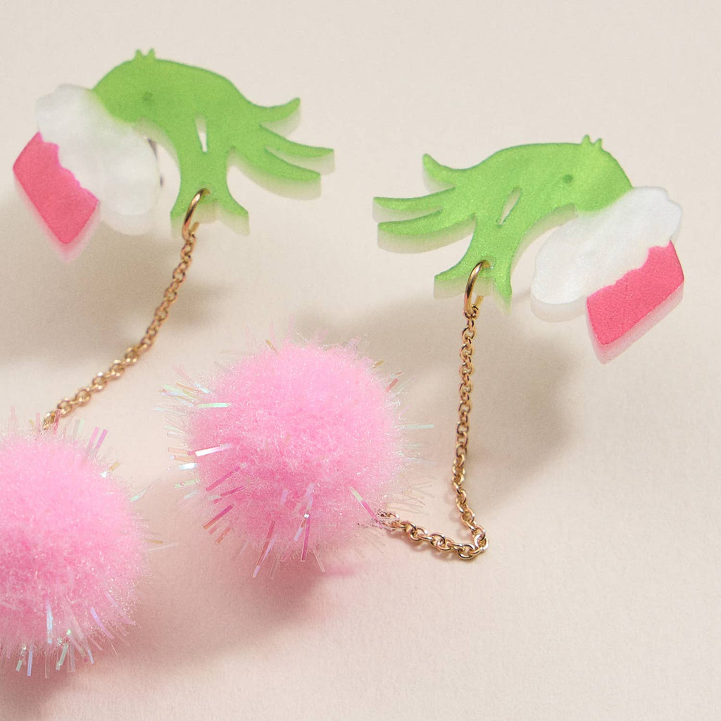 Christmas Green Monster Hand & Pom-Pom Dangling Earrings: Pink / One / 4SE31114