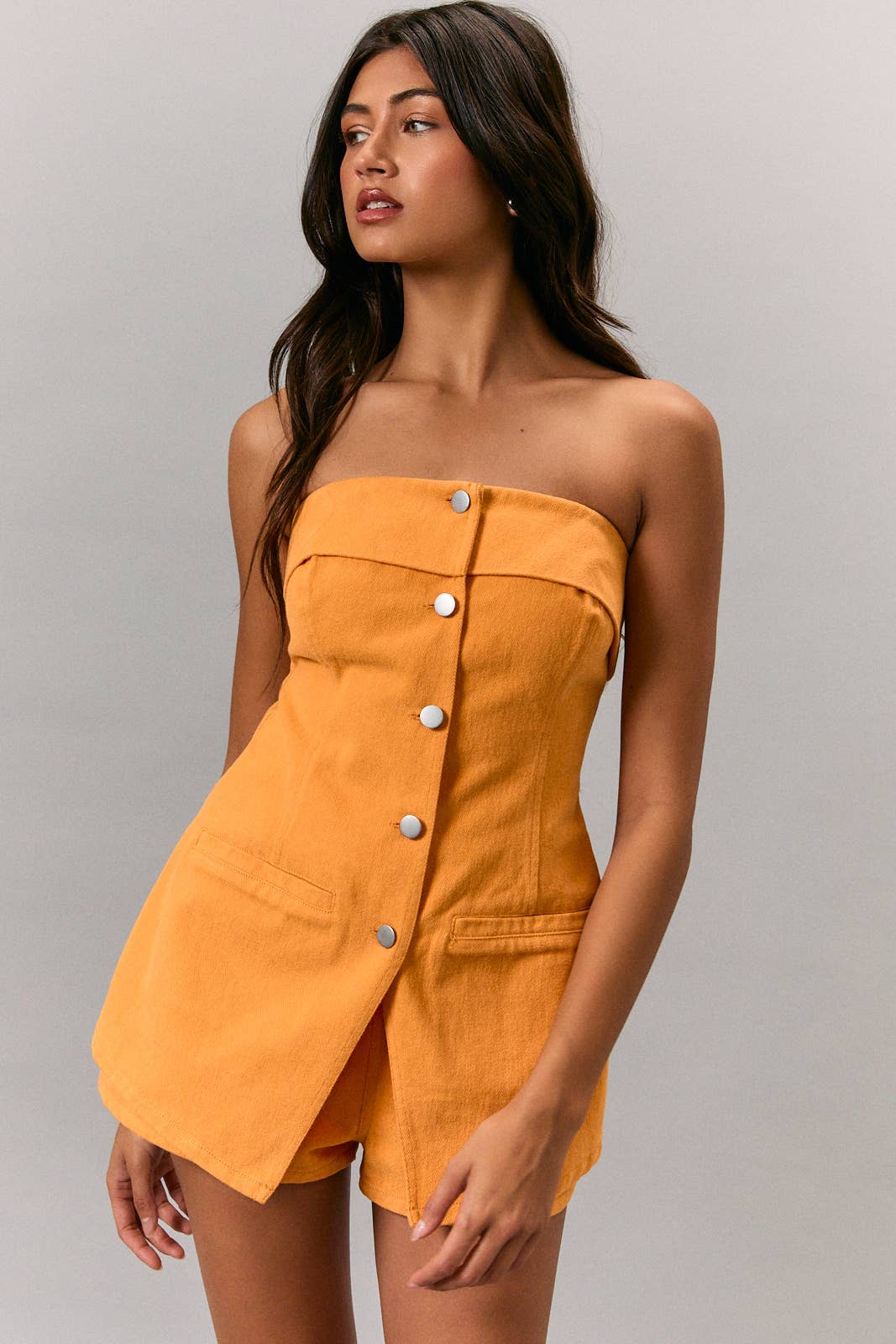 STRAPLESS WITH TWILL ROMPER: Orange