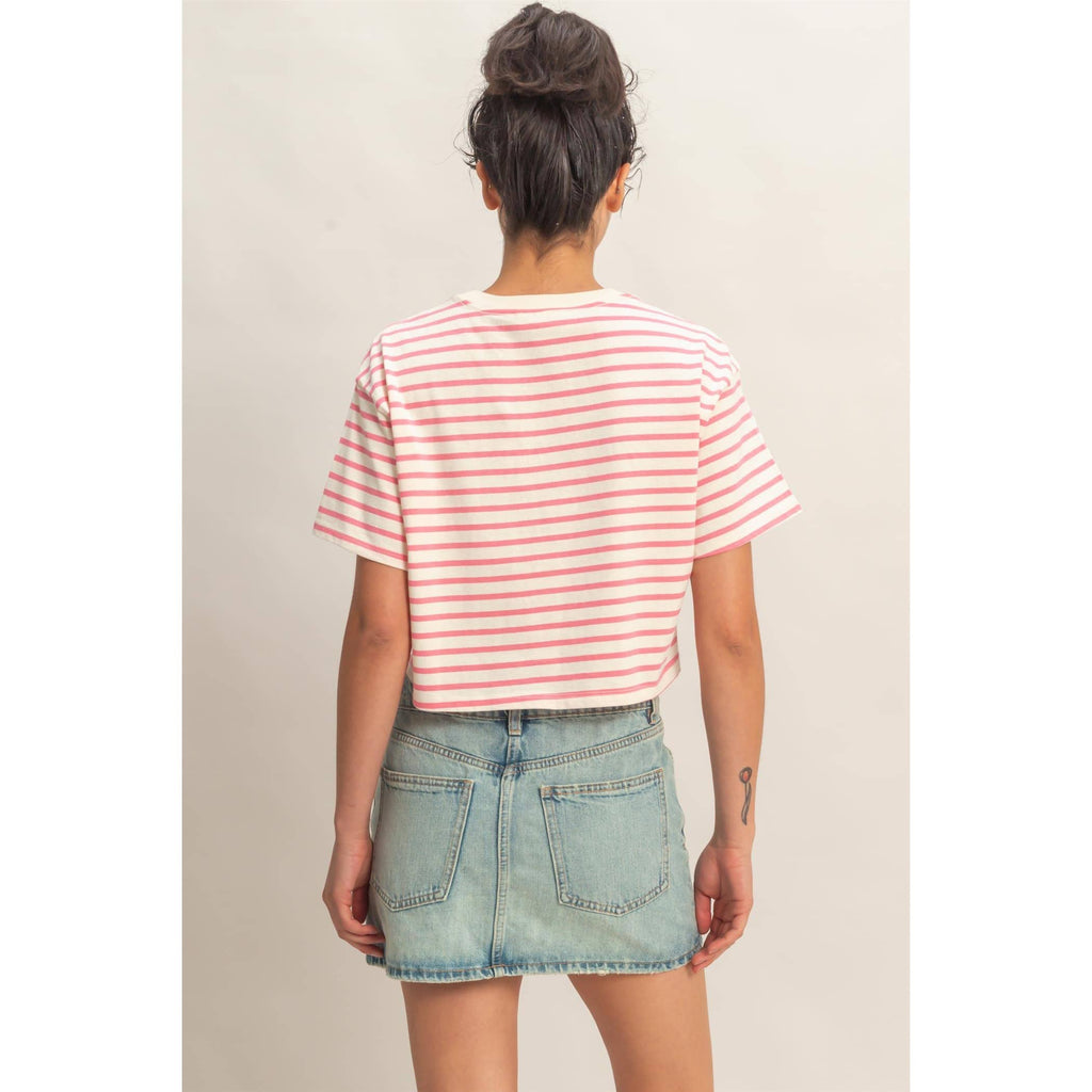 PINK Striped Oversized Short Sleeve Cropped Tee: