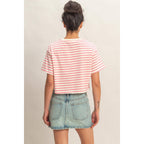 PINK Striped Oversized Short Sleeve Cropped Tee:
