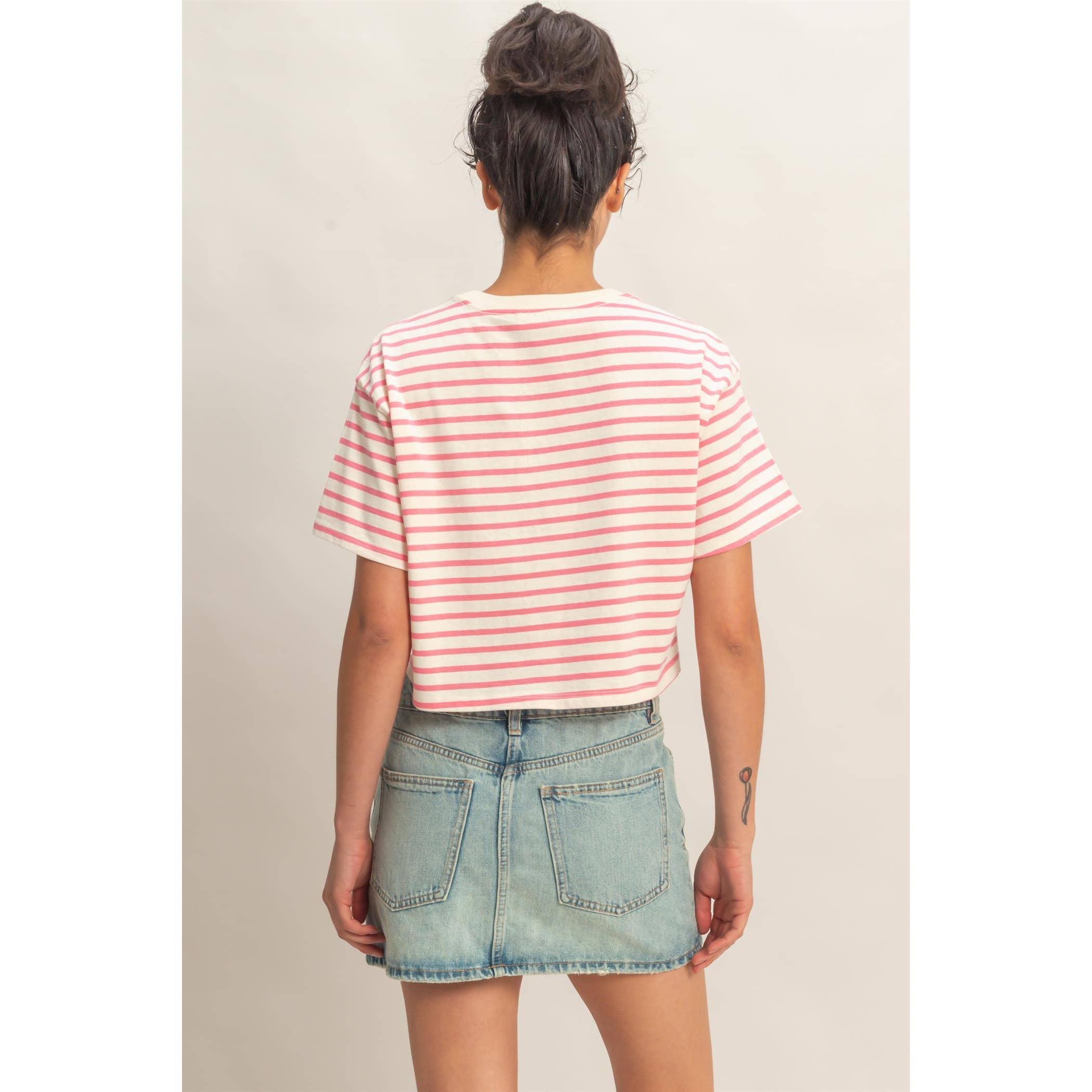 PINK Striped Oversized Short Sleeve Cropped Tee: