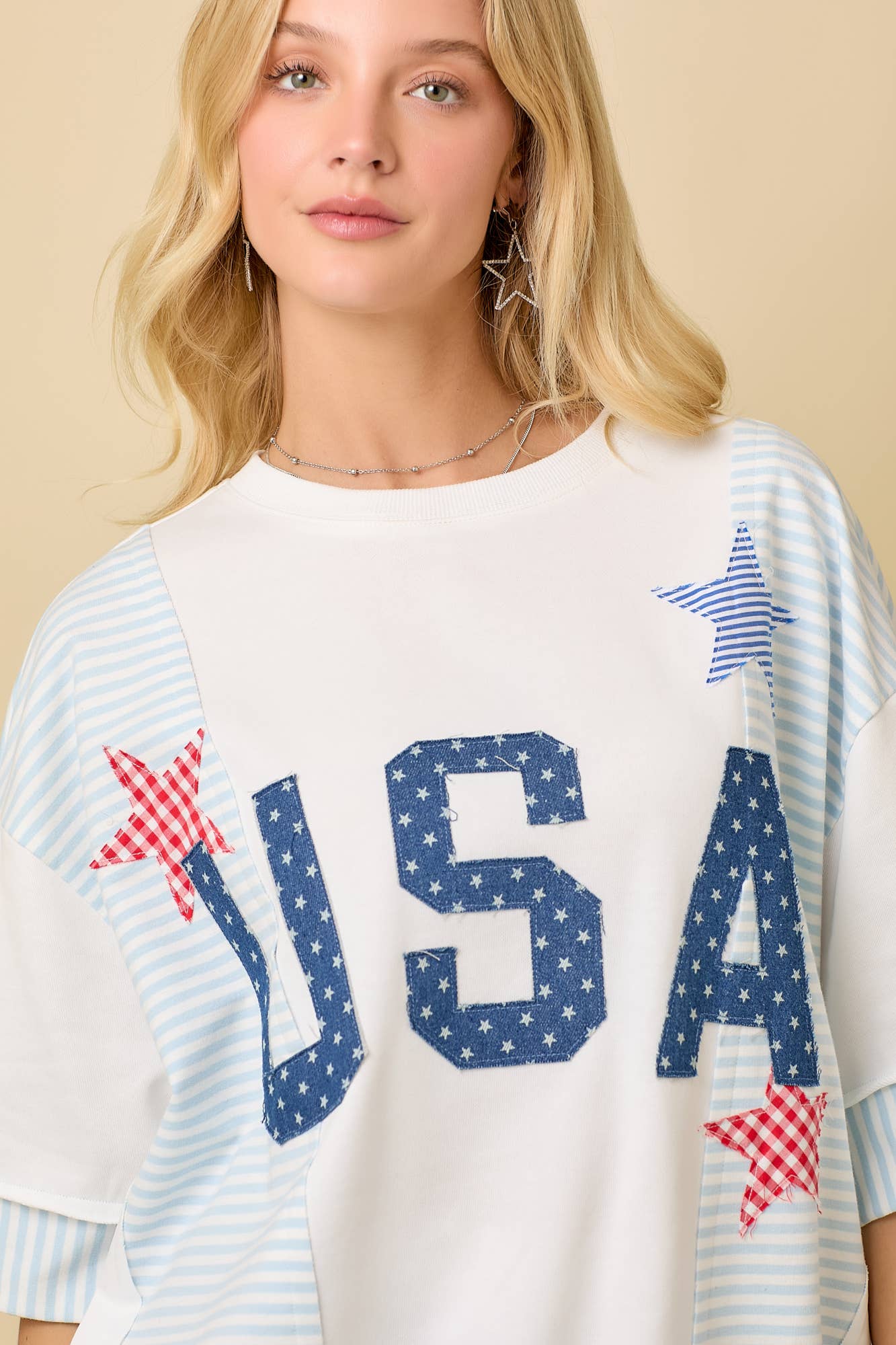 WHITE USA Star Patchwork Oversized Top